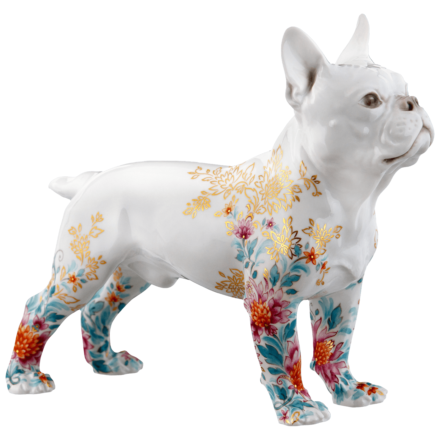 Einzelfigur Bulldogge, Rote Blüten, H 16,5 cm | Meissen Figuren Individuell 90a408 - 78769 - Meissen Weimar