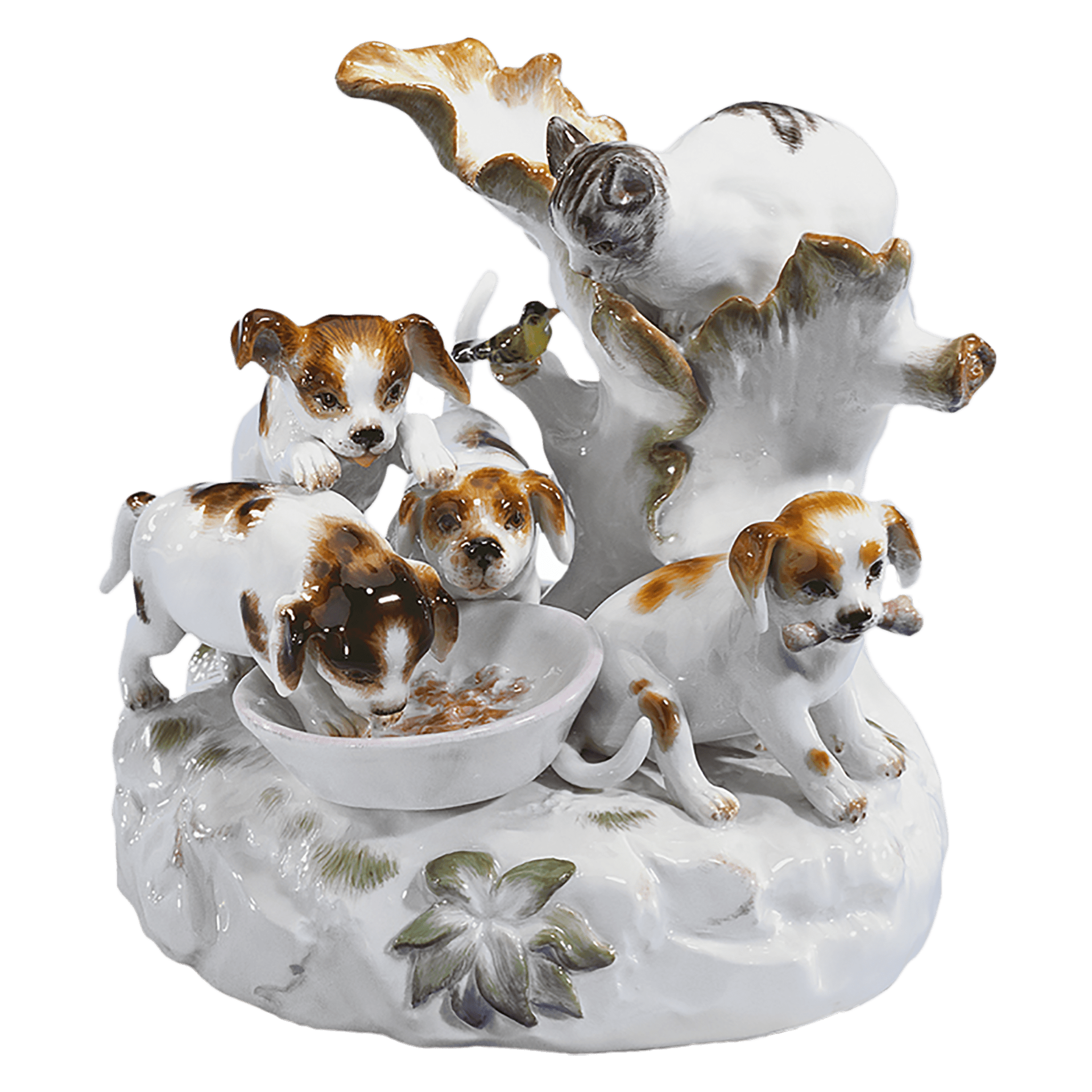 Einzelfigur Hundegruppe mit Kätzchen, Bunt staffiert, H 11 cm | Meissen Figuren Individuell 900100 - 78856 - Meissen Weimar