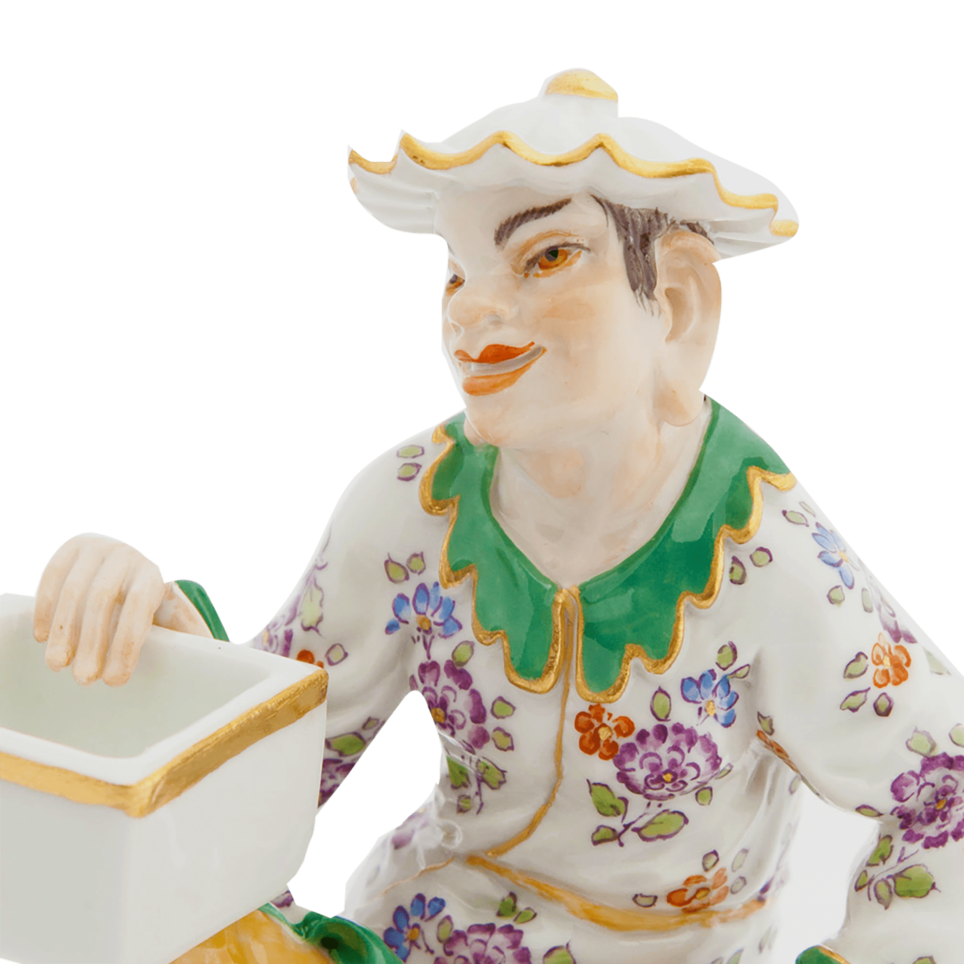 Einzelfigur Japaner sitzend mit Körbchen, bunt und gold staffiert, H 8 cm | Meissen Einzelplastik 900300 - 65503 - Meissen Weimar