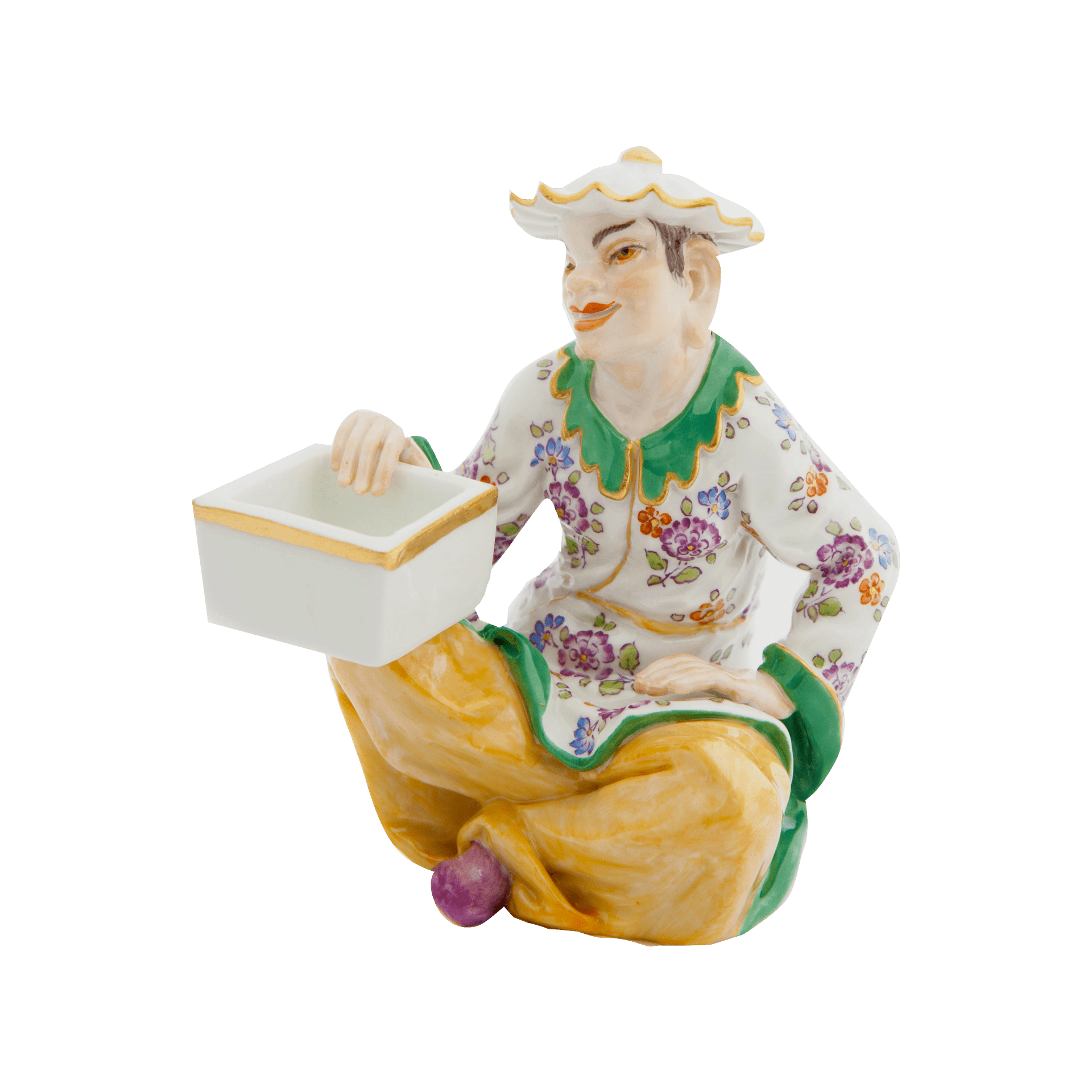 Einzelfigur Japaner sitzend mit Körbchen, bunt und gold staffiert, H 8 cm | Meissen Einzelplastik 900300 - 65503 - Meissen Weimar