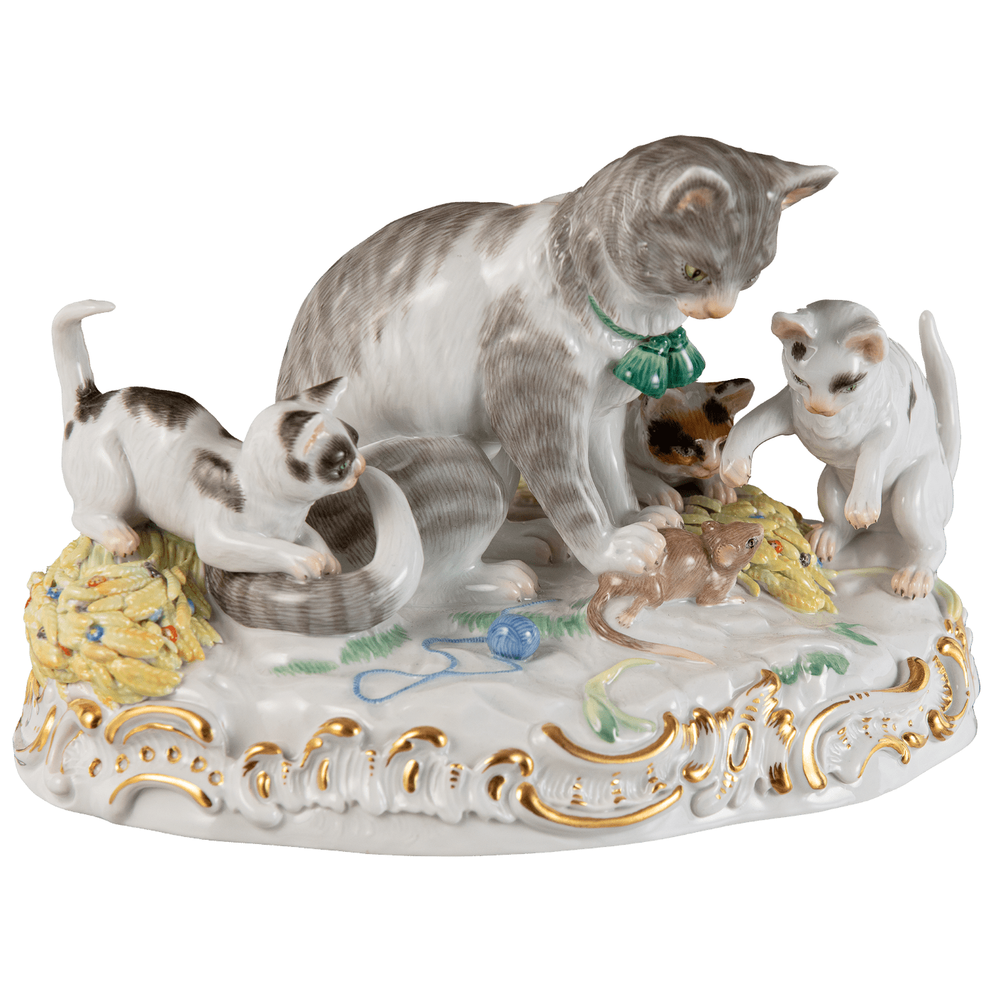 Einzelfigur Katzengruppe, bunt und gold staffiert, H 13 cm | Meissen Figuren Individuell 900300 - 78515 - Meissen Weimar