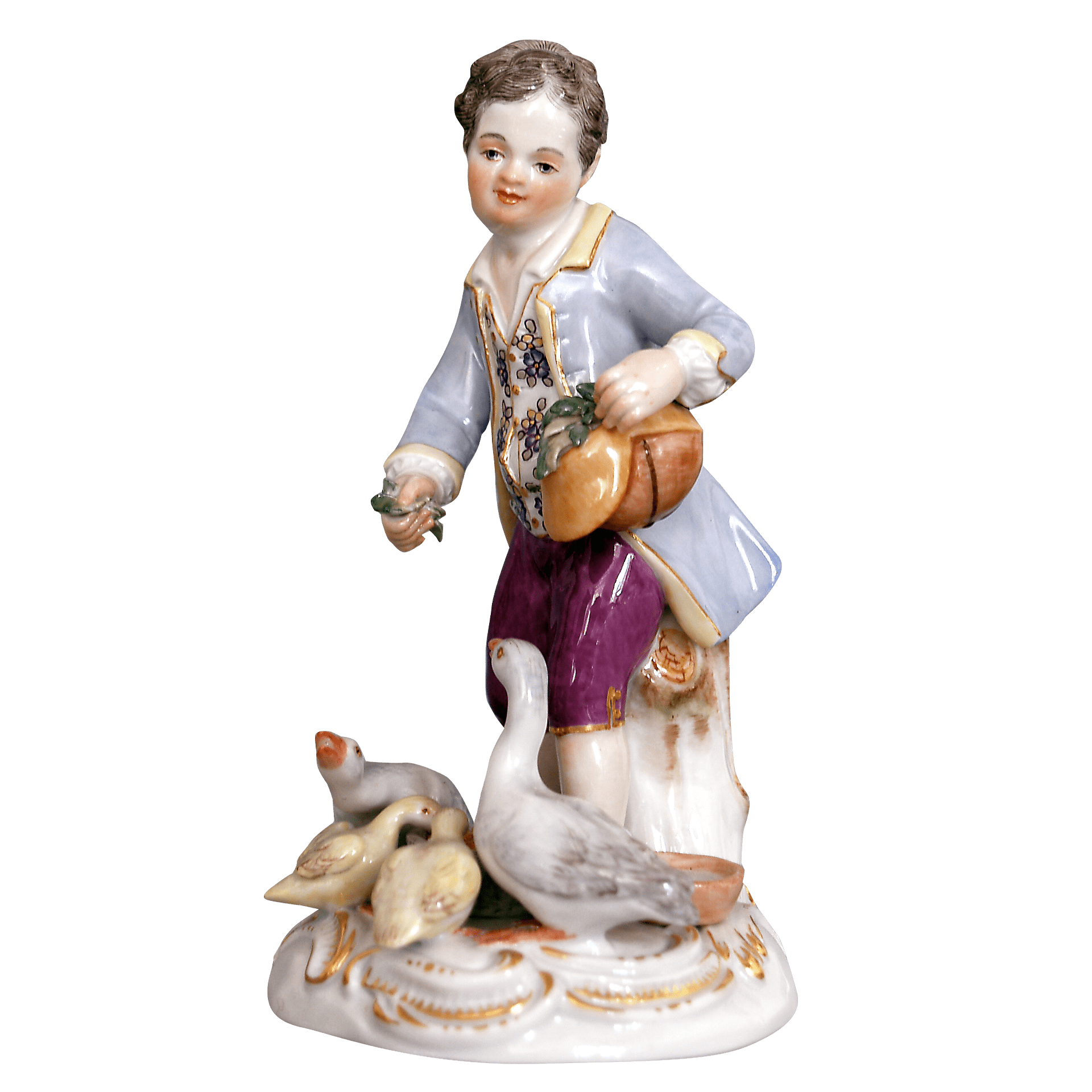 Einzelfigur Knabe mit Gänsen, bunt und gold staffiert, H 12 cm | Meissen Figuren Individuell 900300 - 73330 - Meissen Weimar