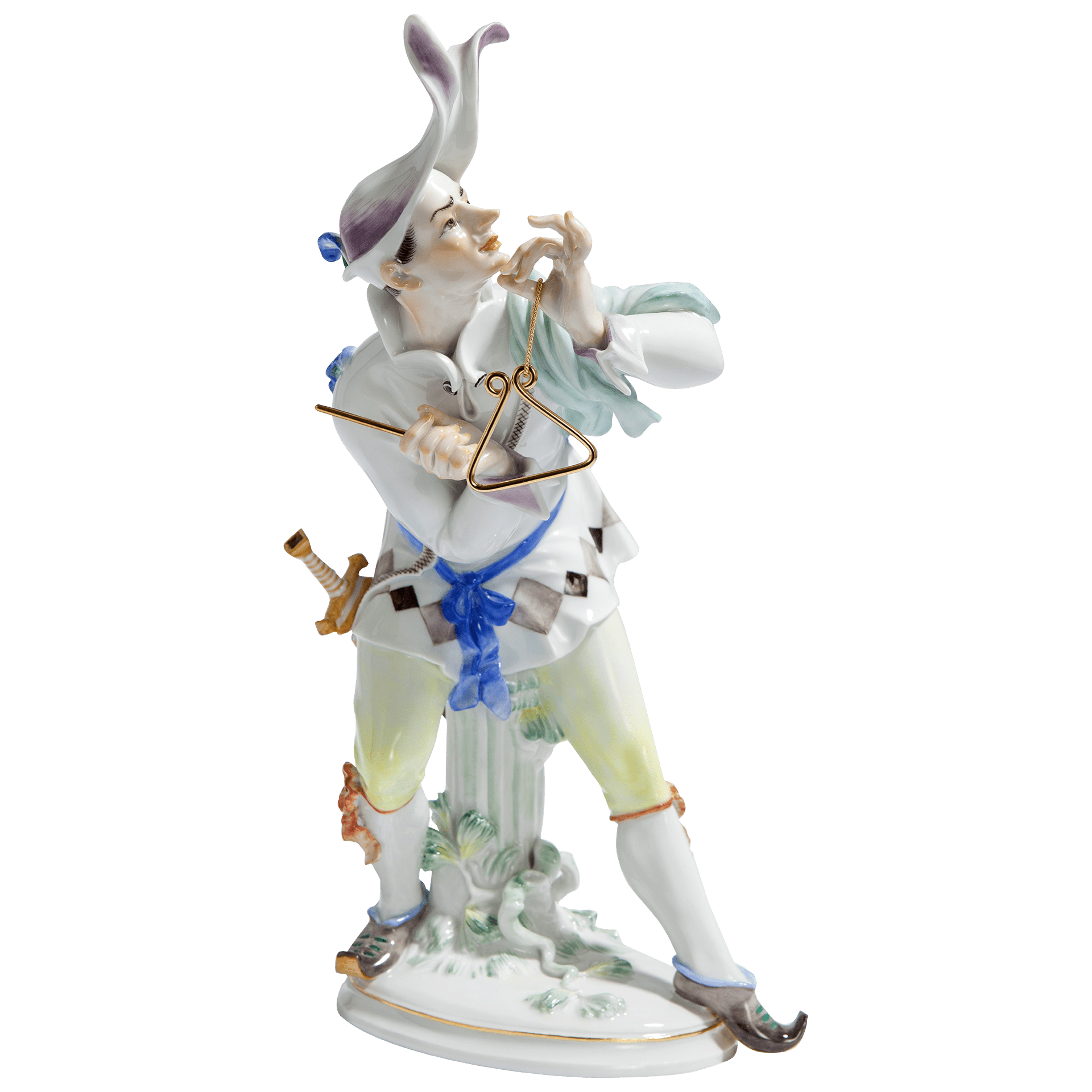 Einzelfigur Komödiant mit Triangel, bunt und gold staffiert, H 28 cm | Meissen Figuren Individuell 900300 - 73m04 - Meissen Weimar