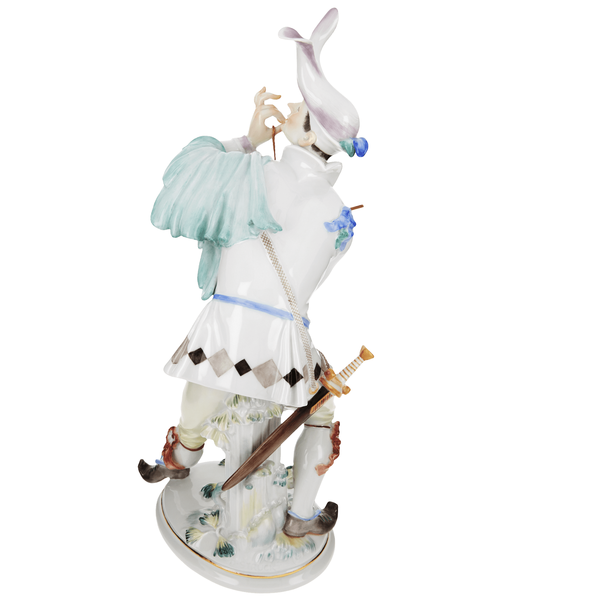 Einzelfigur Komödiant mit Triangel, bunt und gold staffiert, H 28 cm | Meissen Figuren Individuell 900300 - 73m04 - Meissen Weimar