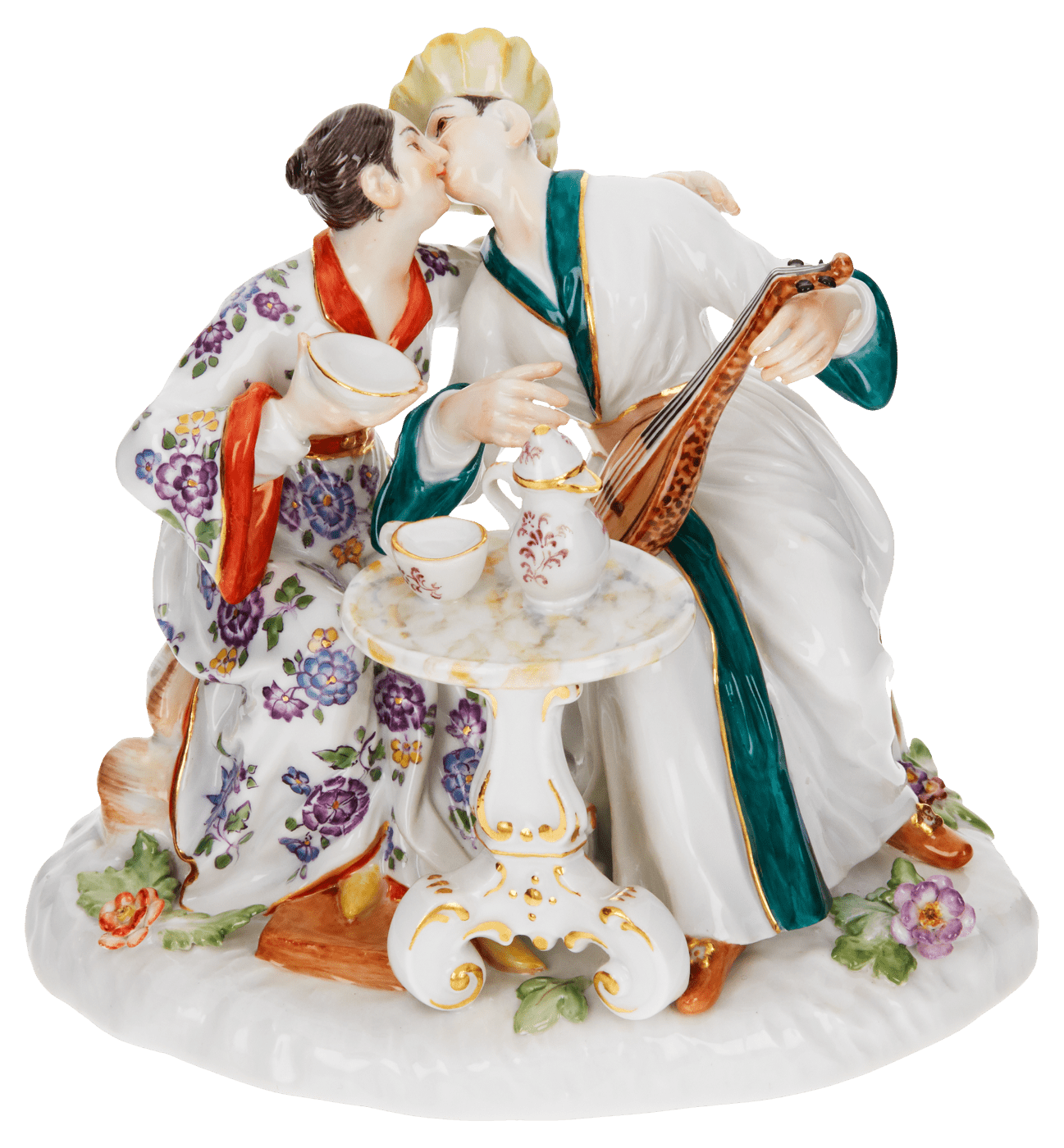Einzelfigur Paar am Teetisch, bunt und gold staffiert, H 12 cm | Meissen Figuren - Edition Amoretten 900300 - 65519 - Meissen Weimar