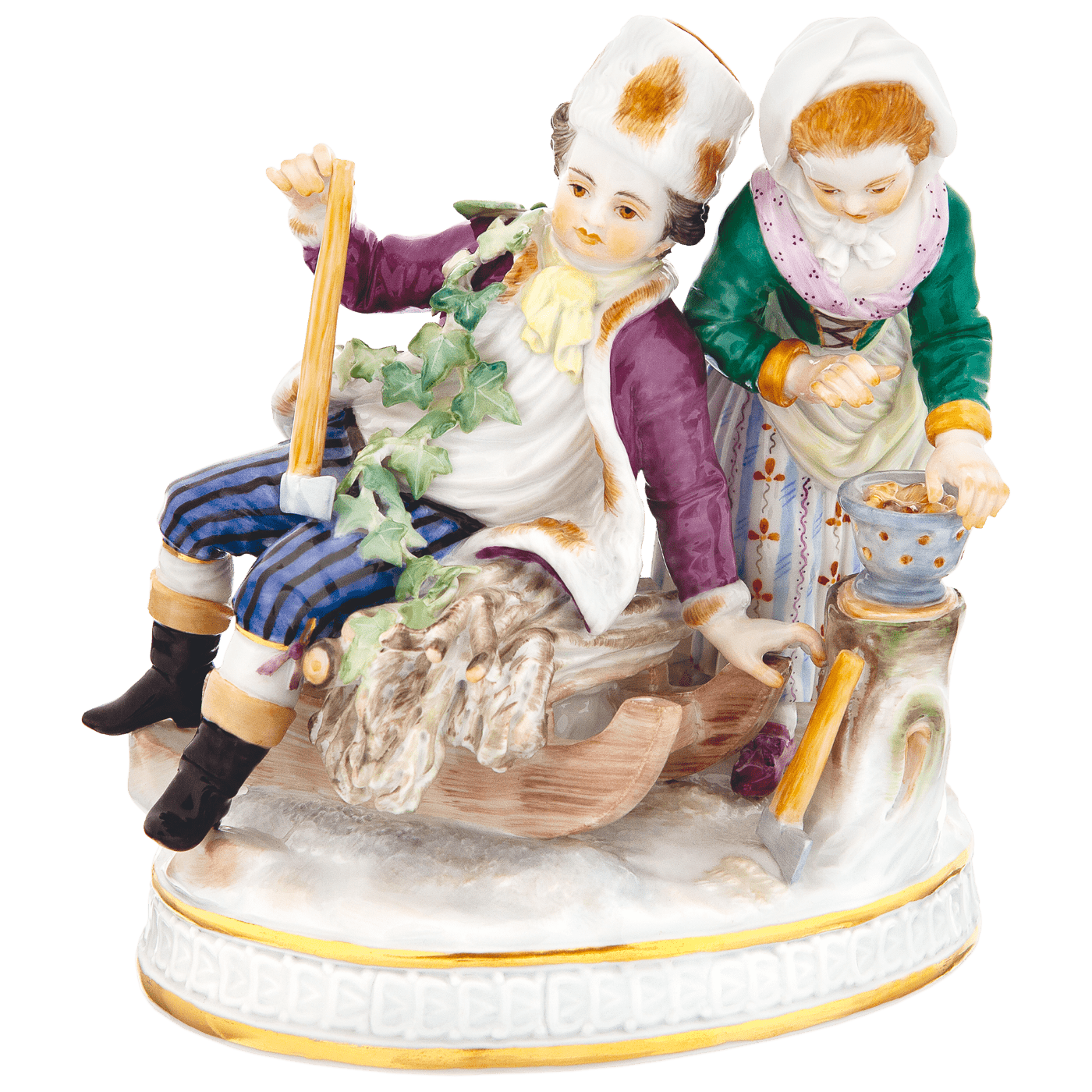 Einzelfiguren Paar mit Schlitten, bunt und gold staffiert, H 15 cm | Meissen Figuren Individuell 900300 - 61267 - Meissen Weimar