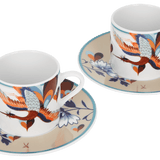 Espresso-Set für Zwei, 4-tlg, "Love Birds" bunte Kraniche | Meissen No.41 Collage