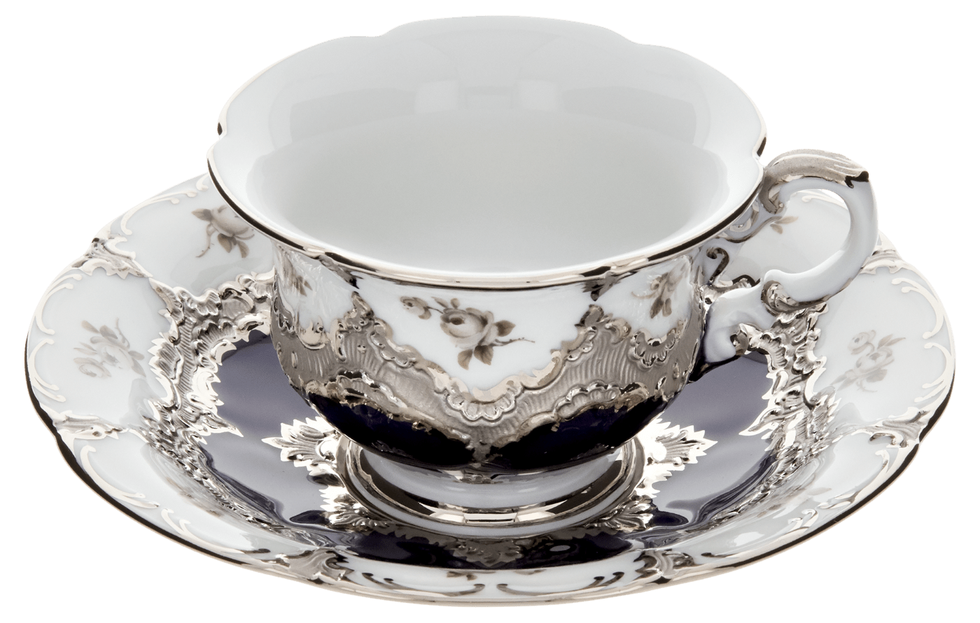 Espressotasse, Gestreute Röschen, weiß - grau, königsblau, Glanzplatin, V 0,1 l | Meissen B - Form 018677 - 15580 - Meissen Weimar