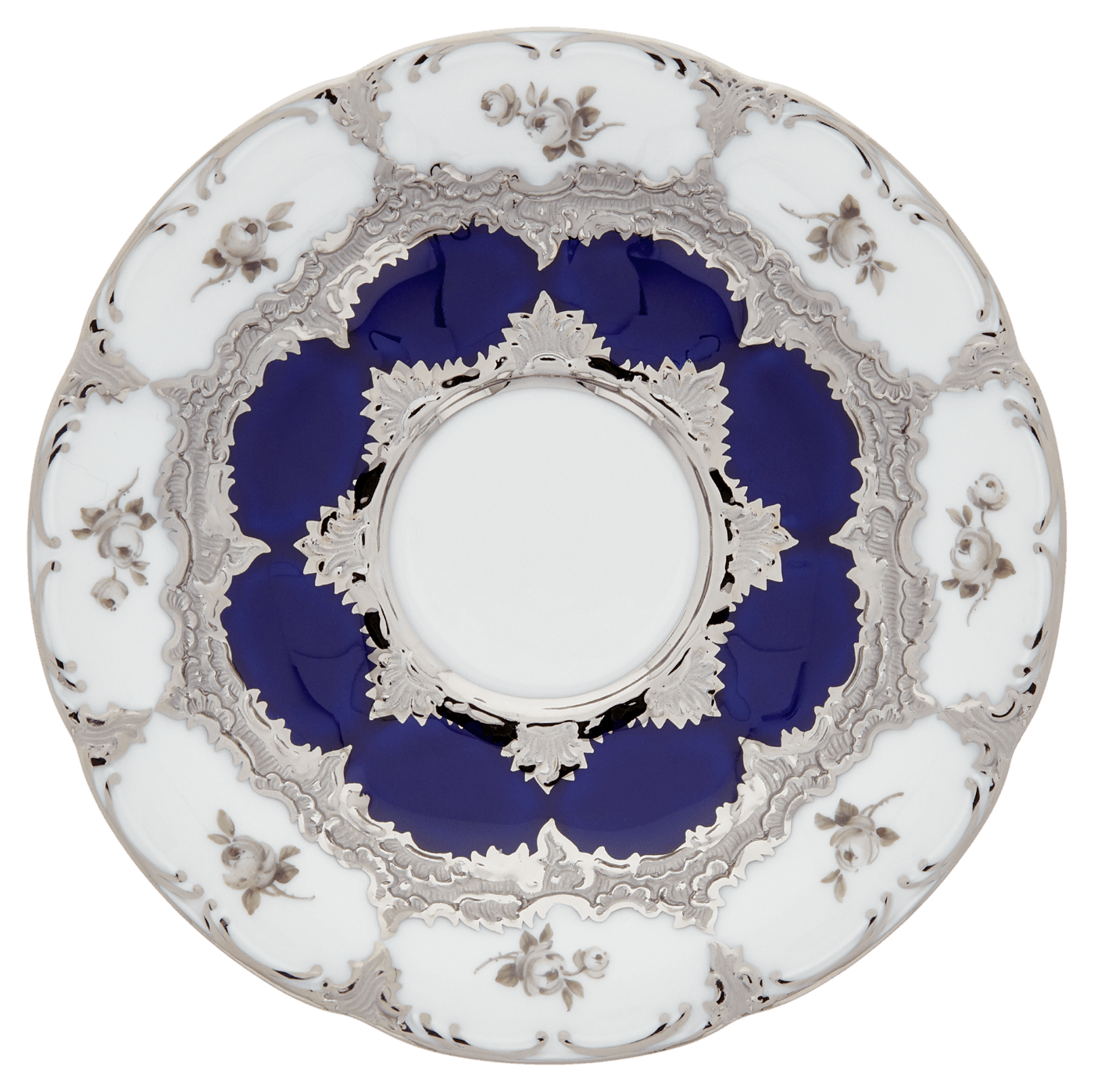 Espressotasse, Gestreute Röschen, weiß - grau, königsblau, Glanzplatin, V 0,1 l | Meissen B - Form 018677 - 15580 - Meissen Weimar