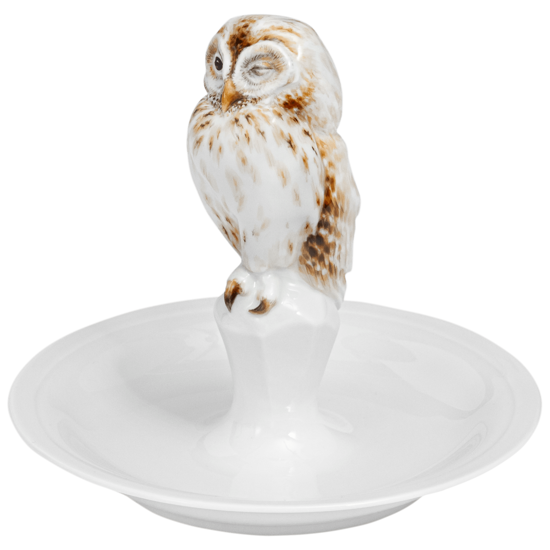 Eule an Schale, H 14 cm | Meissen Porzellan