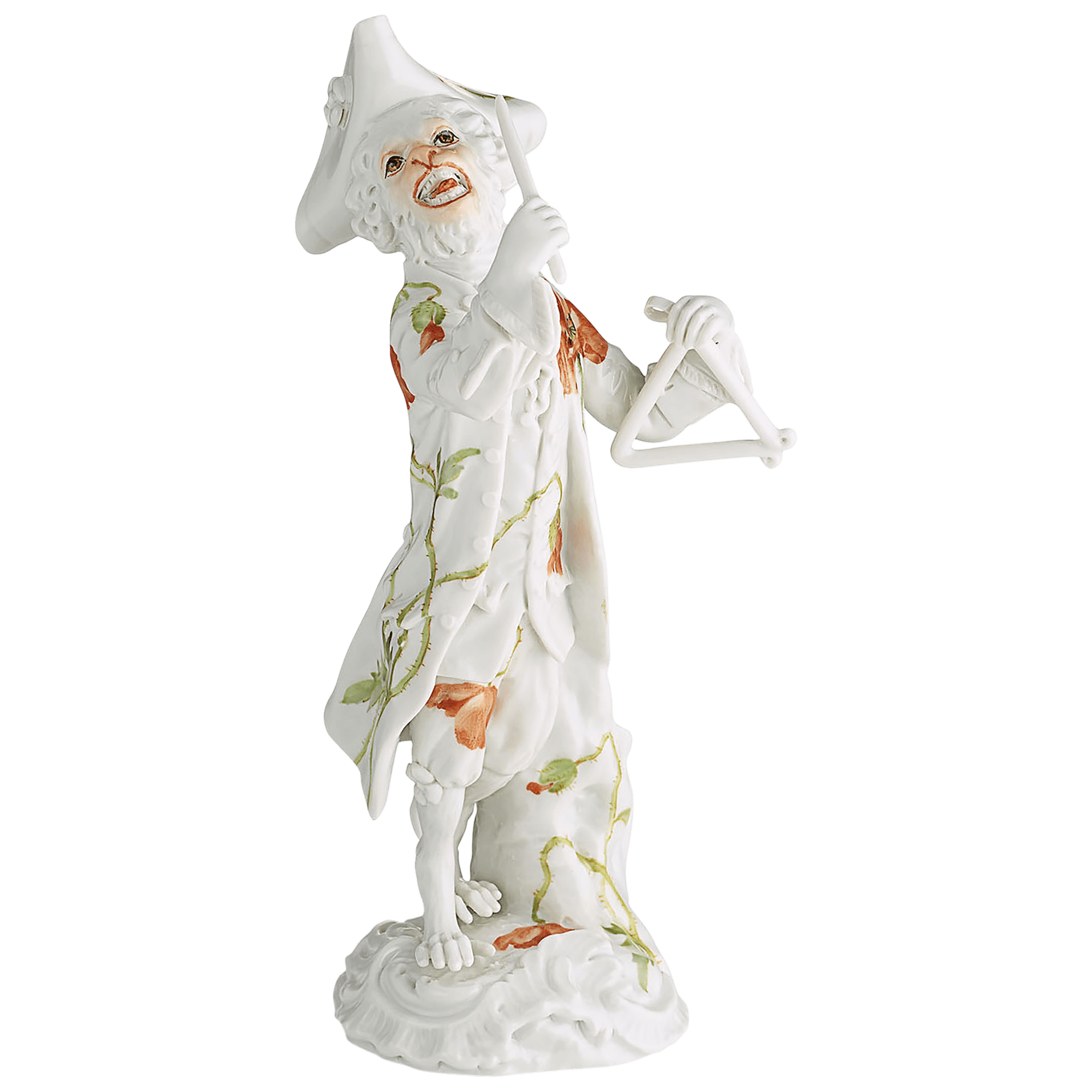 Figur Affe Triangelspieler, Blumenmalerei Wilder Mohn, H 15 cm | Meissen Figuren - Edition Affenkapelle 91c113 - 60013 - Meissen Weimar