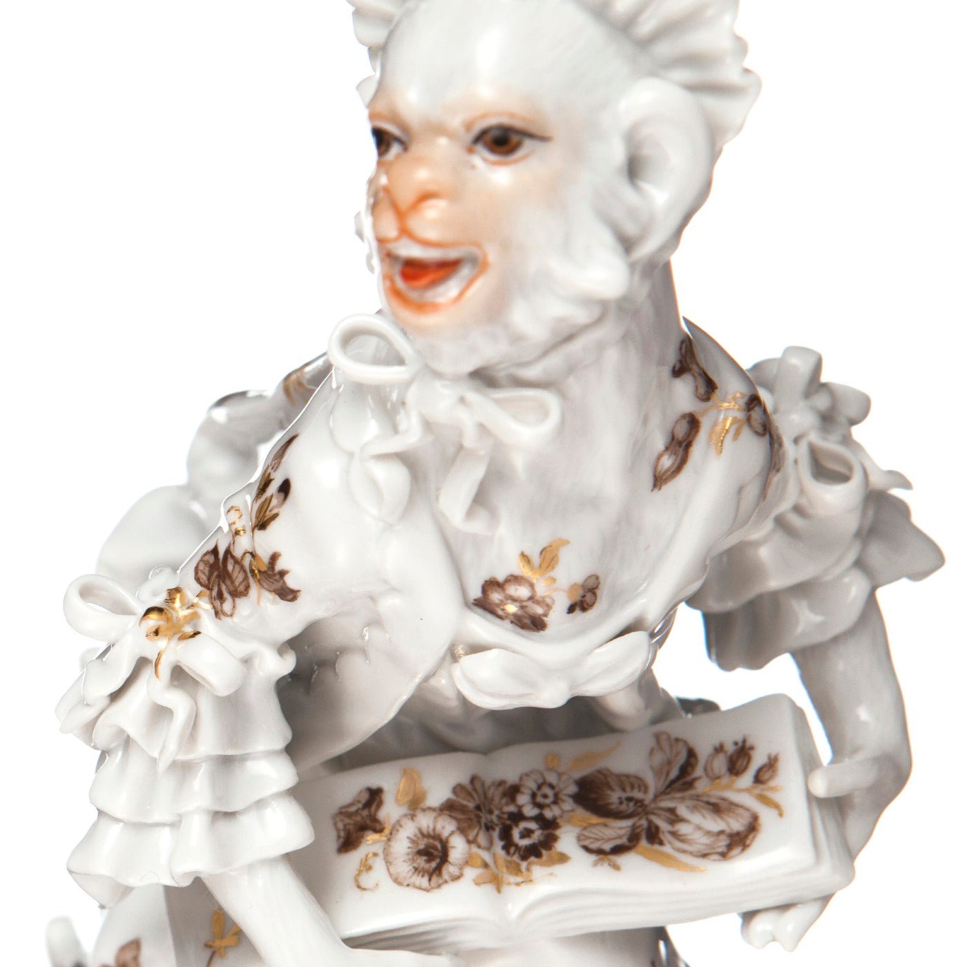 Figur Affenkapelle Sängerin, Blumenmalerei sepia und goldgravierte Blätter, H 12 cm | Meissen Figuren - Edition Affenkapelle 91c107 - 60007 - Meissen Weimar