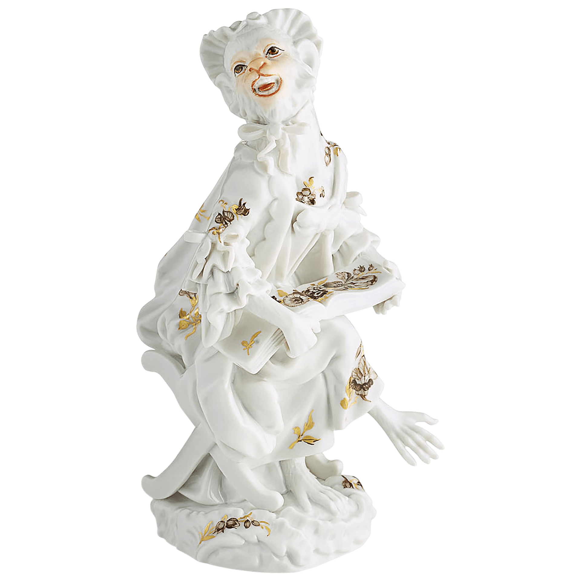 Figur Affenkapelle Sängerin, Blumenmalerei sepia und goldgravierte Blätter, H 12 cm | Meissen Figuren - Edition Affenkapelle 91c107 - 60007 - Meissen Weimar