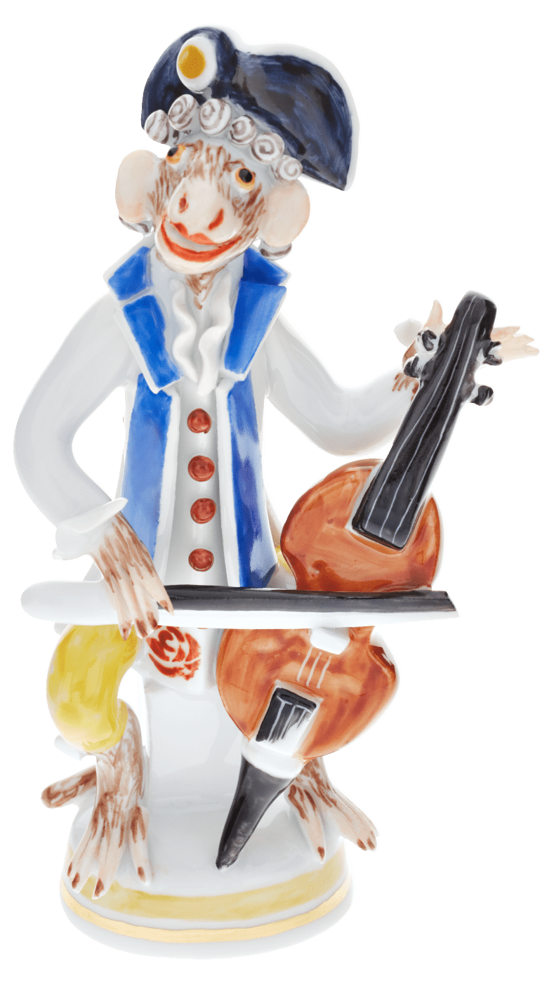 Figur Affenmusiker Bassgeige, H 11 cm | Meissen Figuren - Edition Affenkapelle 90a317 - 83322 - Meissen Weimar