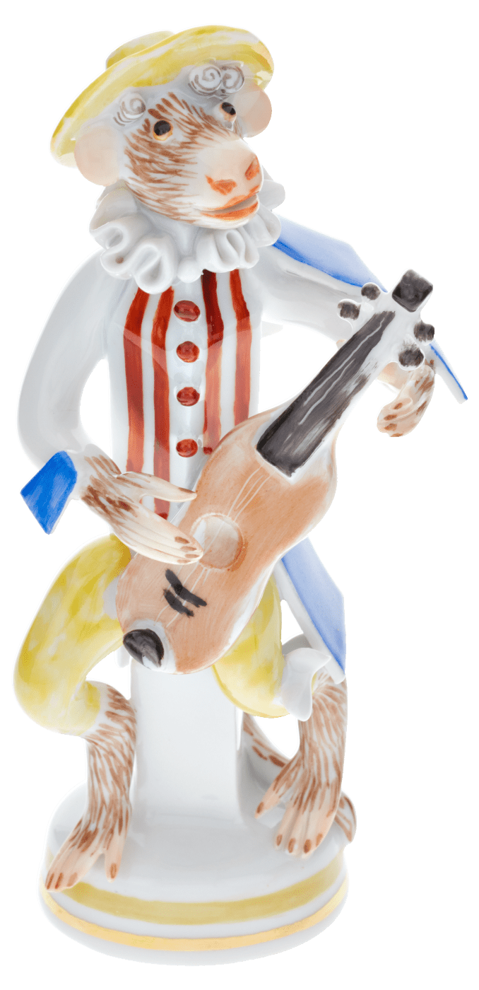Figur Affenmusiker Gitarre, handbemalt, H 11 cm | Meissen Figuren - Edition Affenkapelle 90a317 - 83324 - Meissen Weimar