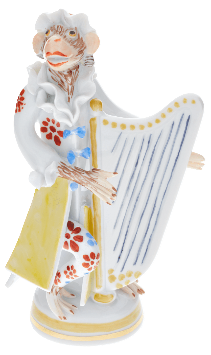 Figur, Affenmusiker Harfe, H 10,5 cm | Meissen Figuren - Edition Affenkapelle 90a317 - 83325 - Meissen Weimar