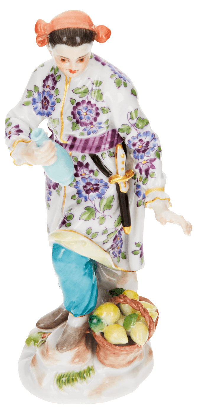Figur Asiate mit Flasche und Korb, Bunt und gold staffiert, H 12 cm | Meissen Figuren Individuell 900300 - 65667 - Meissen Weimar