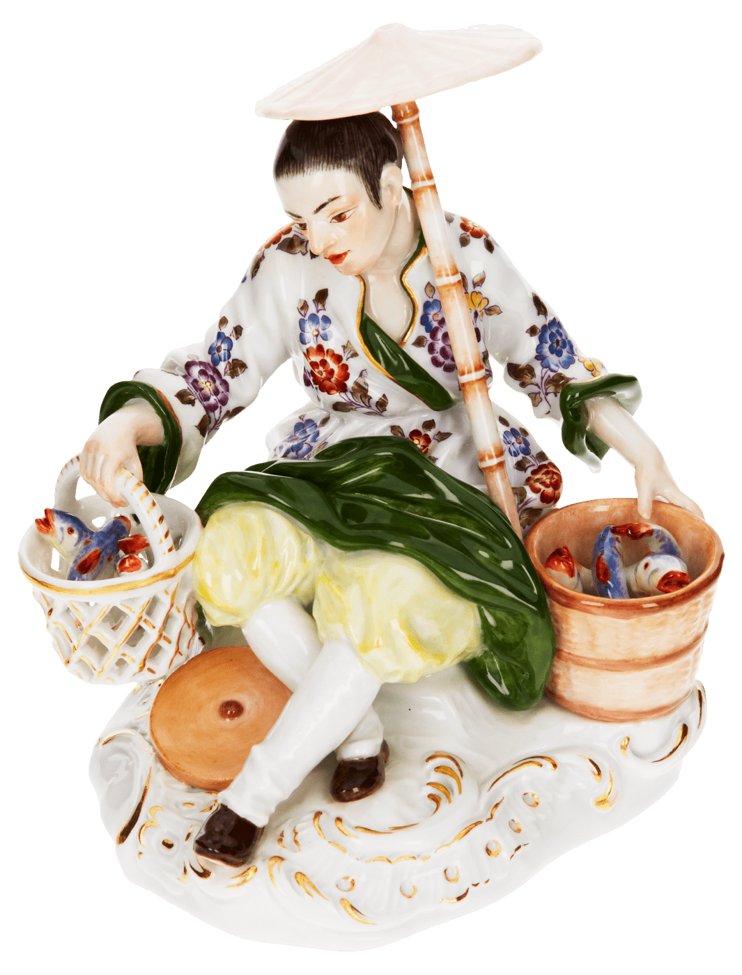 Figur Asiate mit zwei Körben, bunt und gold staffiert, H 11 cm | Meissen Figuren Individuell 900300 - 65639 - Meissen Weimar