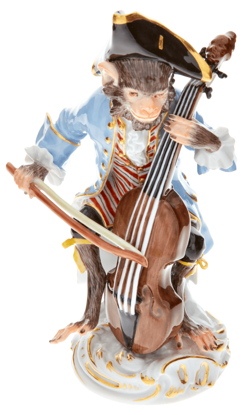 Figur Bassgeiger, handbemalt, H 15 cm | Meissen Figuren - Edition Affenkapelle 90c300 - 60002 - Meissen Weimar