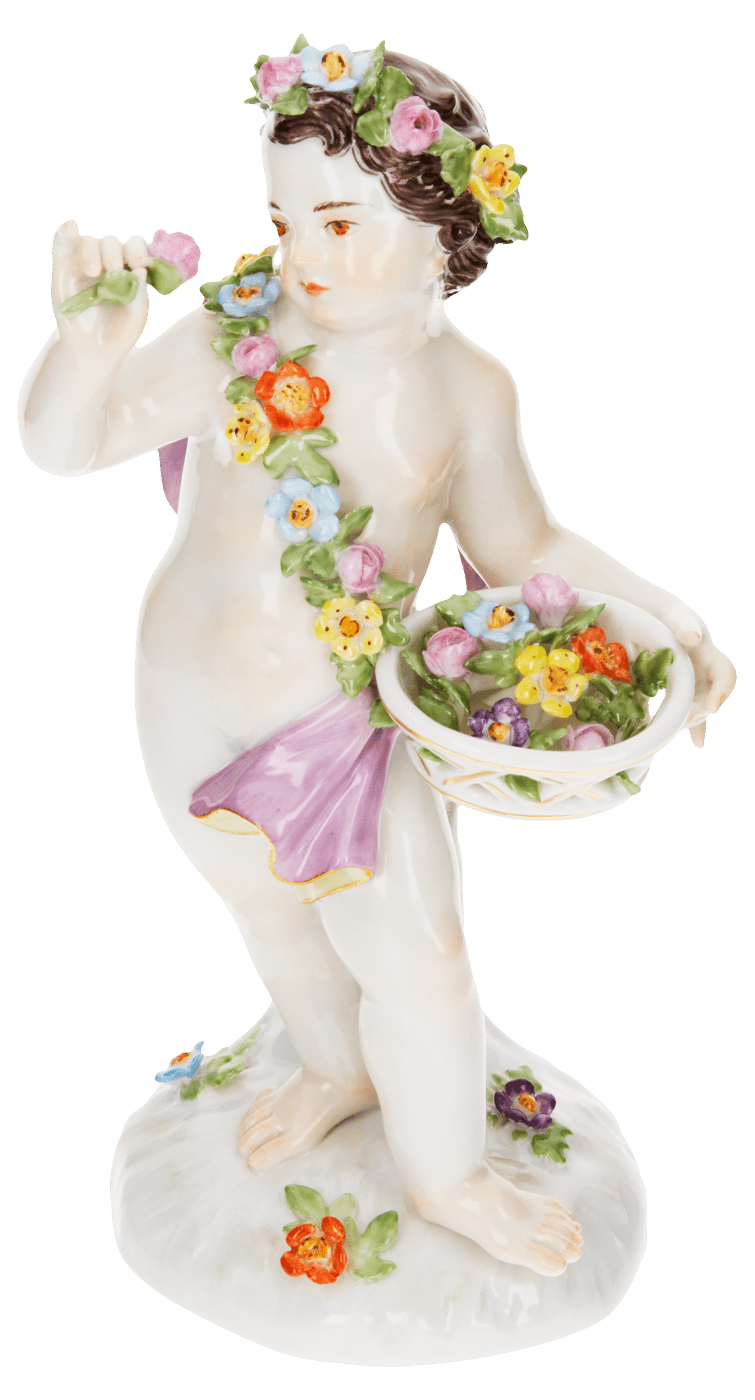 Figur Frühling, bunt und gold staffiert, H 15 cm | Meissen Figuren - Edition Hentschelkinder 900300 - 61171 - Meissen Weimar