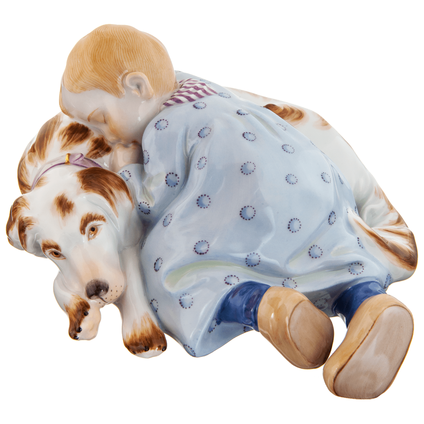 Figur Kind auf Hund schlafend, bunt und gold staffiert, H 7,5 cm | Meissen Figuren - Edition Hentschelkinder 900300 - 73368 - Meissen Weimar