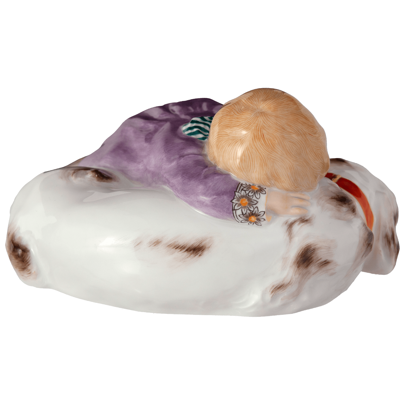 Figur Kind auf Hund schlafend, Edelweißkante, H 7,5 cm | Meissen Figuren - Edition Hentschelkinder 90a382 - 73368 - Meissen Weimar