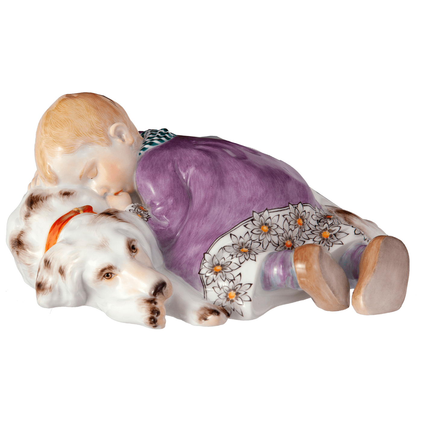 Figur Kind auf Hund schlafend, Edelweißkante, H 7,5 cm | Meissen Figuren - Edition Hentschelkinder 90a382 - 73368 - Meissen Weimar