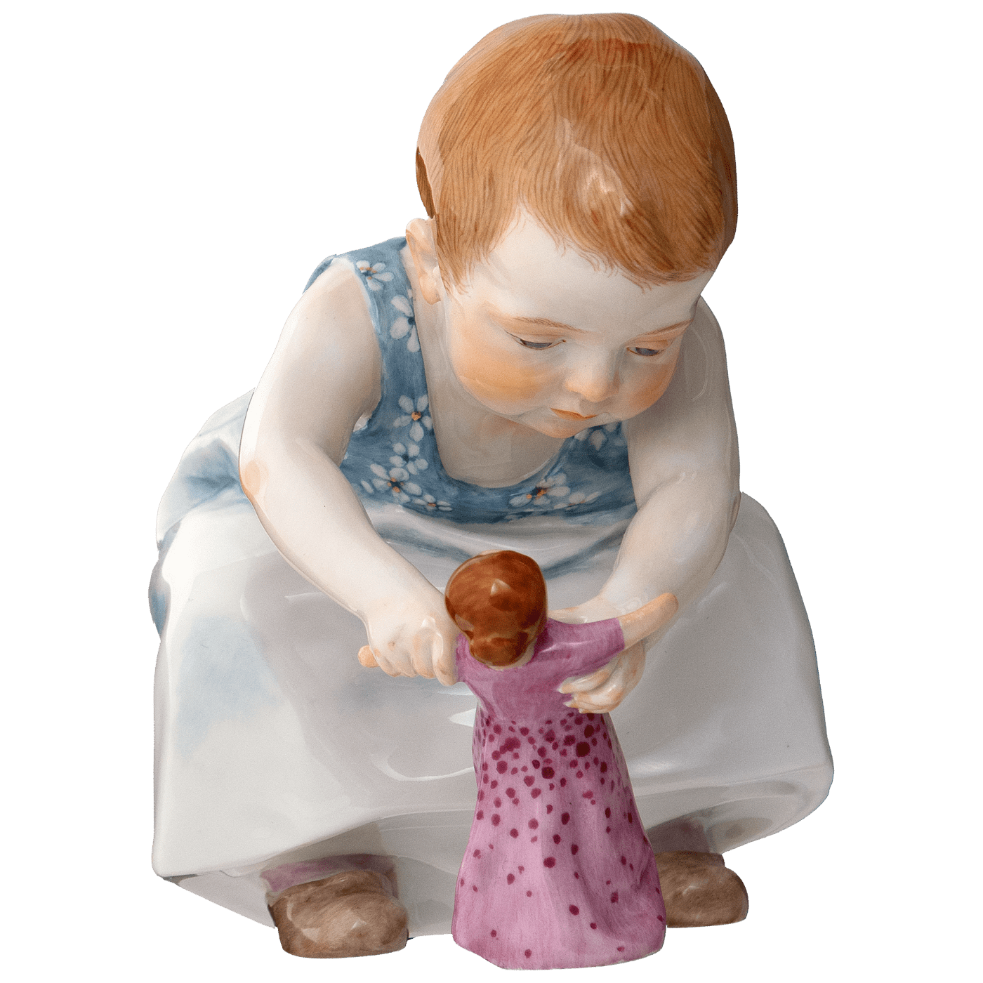 Figur Kind mit Puppe, Kleid mit weißen Blüten, H 11 cm | Meissen Figuren - Edition Hentschelkinder 90a425 - 73363 - Meissen Weimar