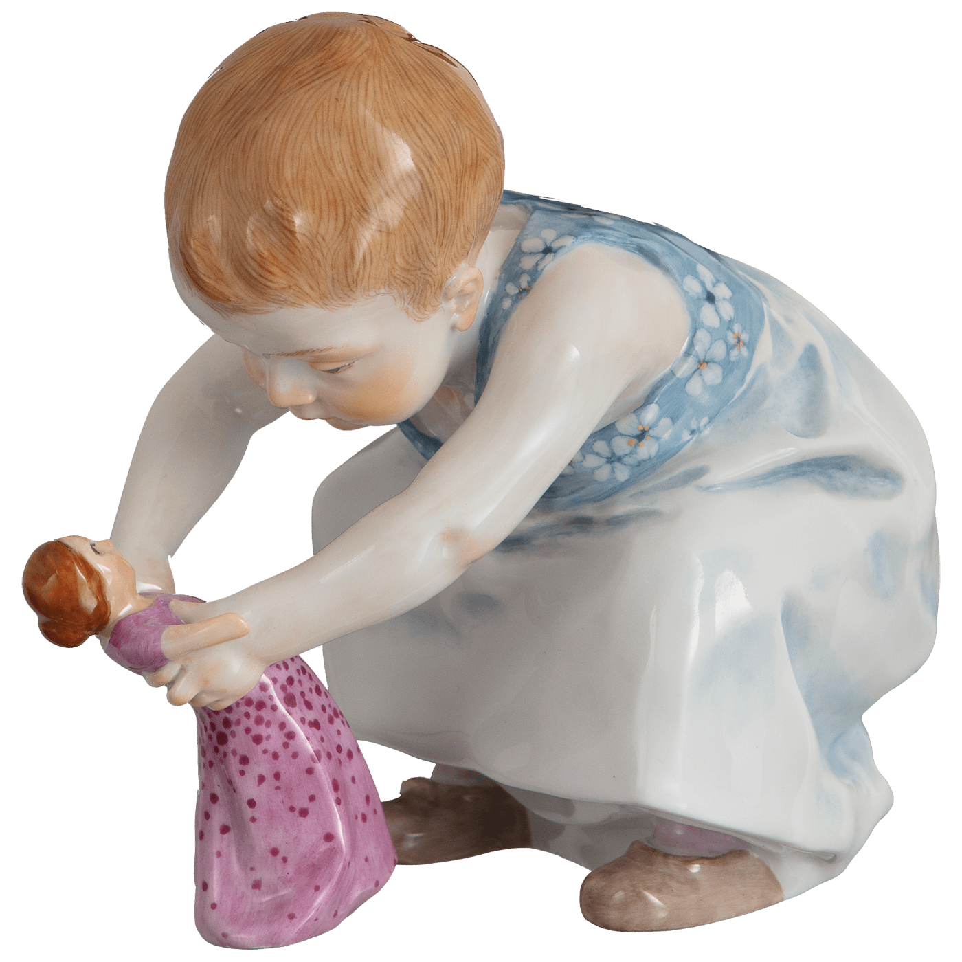 Figur Kind mit Puppe, Kleid mit weißen Blüten, H 11 cm | Meissen Figuren - Edition Hentschelkinder 90a425 - 73363 - Meissen Weimar