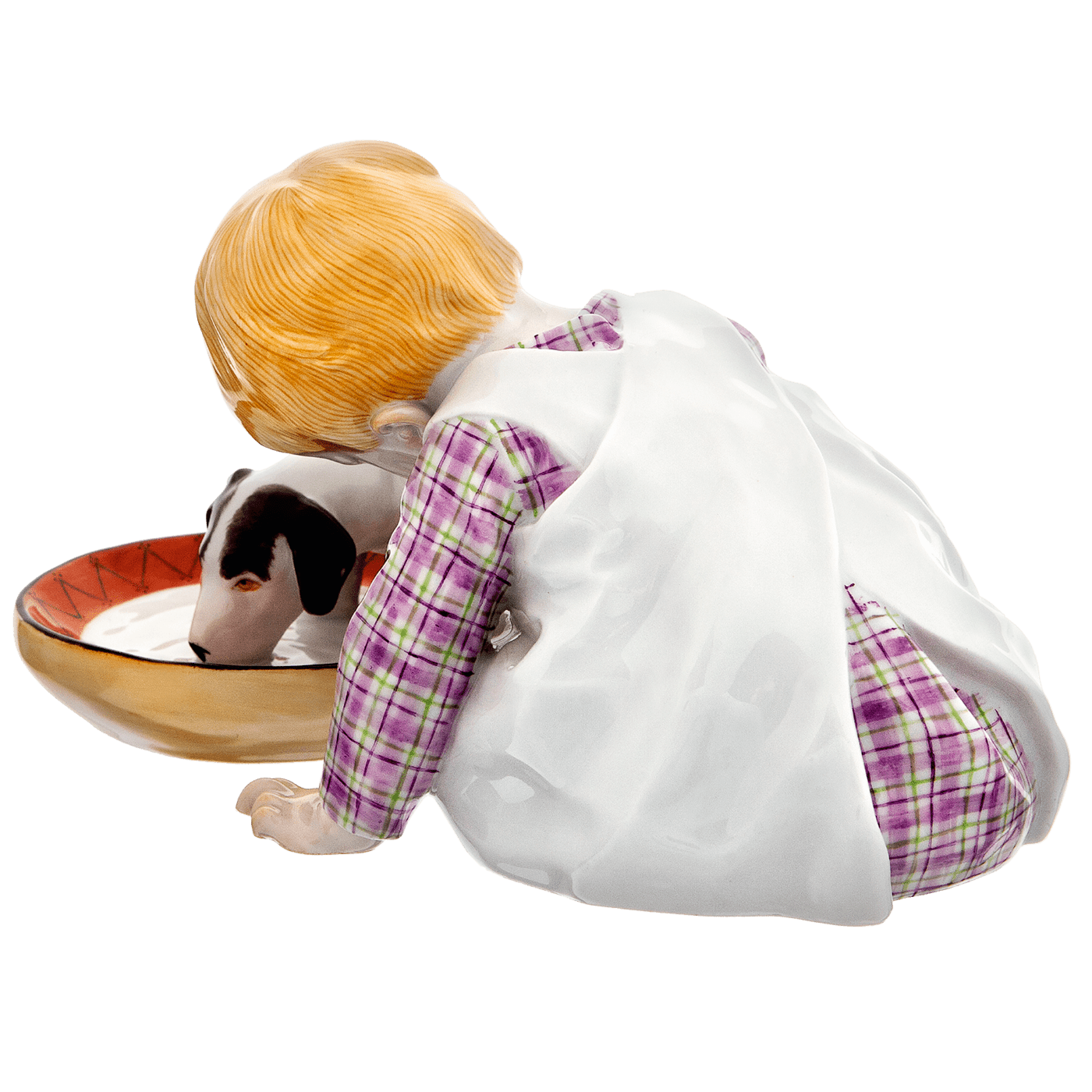Figur Kind mit trinkendem Hund, Bunt staffiert, H 9 cm | Meissen Figuren - Edition Hentschelkinder 900100 - 73369 - Meissen Weimar