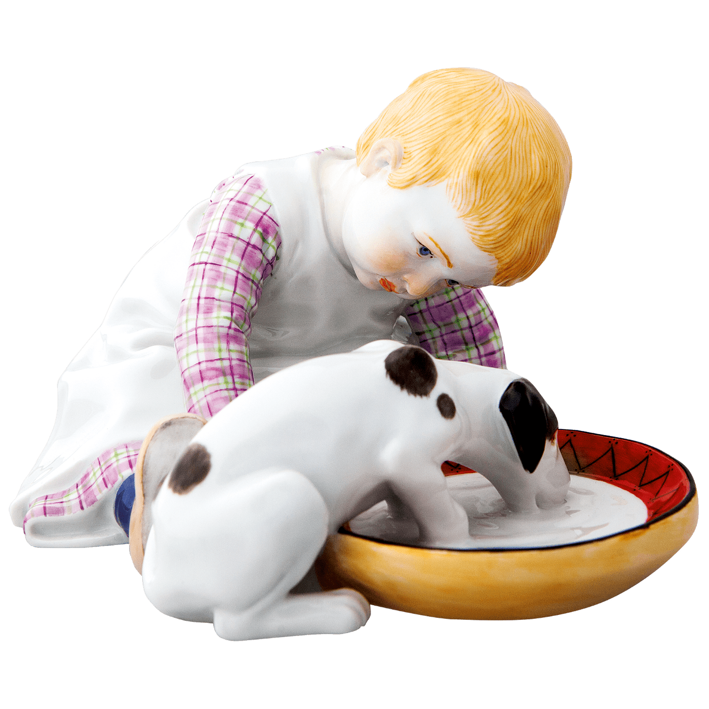 Figur Kind mit trinkendem Hund, Bunt staffiert, H 9 cm | Meissen Figuren - Edition Hentschelkinder 900100 - 73369 - Meissen Weimar
