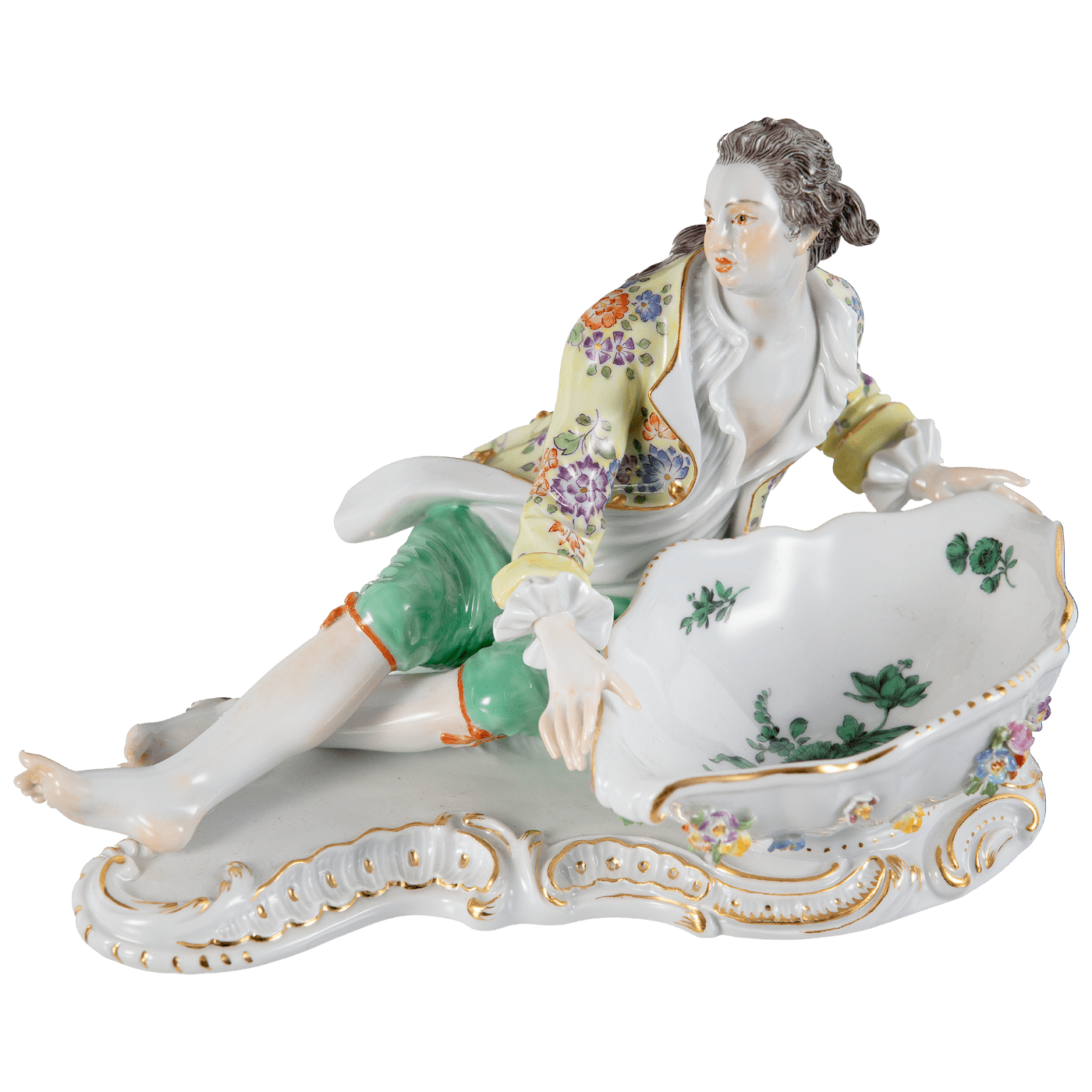 Figur Mann an Schale, handbemalt, L 20 cm | Meissen Einzelplastik 903600 - 73031 - Meissen Weimar