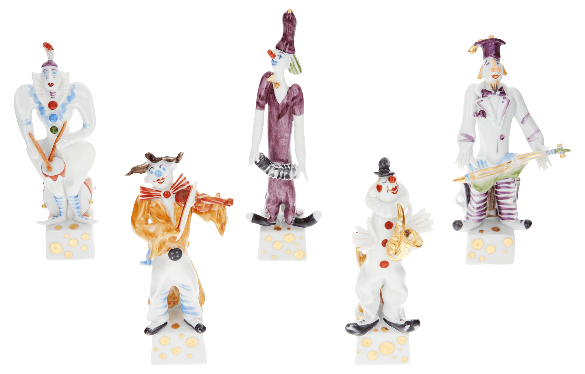 Figuren Set, Musikclowns Bunt und gold staffiert, 5 - Teilig | Meissen Figuren - Edition Spassvogel 900300 - c8301 - Meissen Weimar