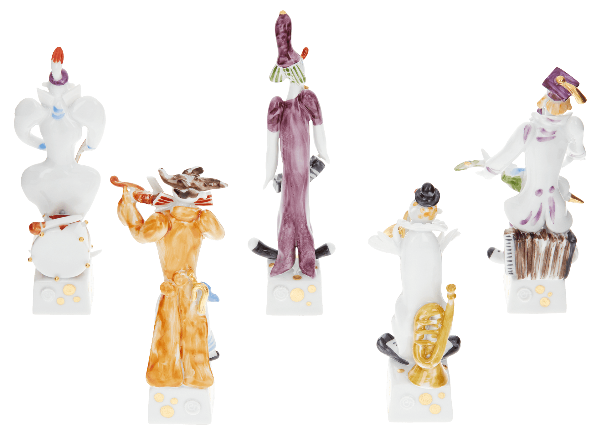 Figuren Set, Musikclowns Bunt und gold staffiert, 5 - Teilig | Meissen Figuren - Edition Spassvogel 900300 - c8301 - Meissen Weimar