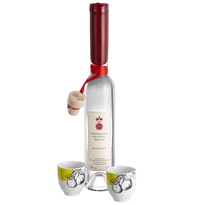 Quittenbrand-Set, 3-tlg., Meissener Spezialbrennerei Quittenbrand 0,2l, 42% vol., Schnapsbecher Quittendekoration | Meissen-Set Kollektion Genußwelten