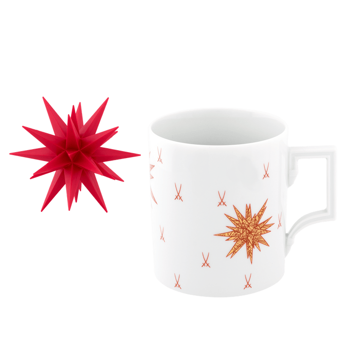 Herrnhuter®-Set, 2-tlg., Herrnhuter® Miniaturstern rot, Henkelbecher, inkl. Netzgerät, LED Leuchtmittel, Form "Berlin", Herrnhuter Stern 2025, Rot, Logo | Meissen-Set Kollektion