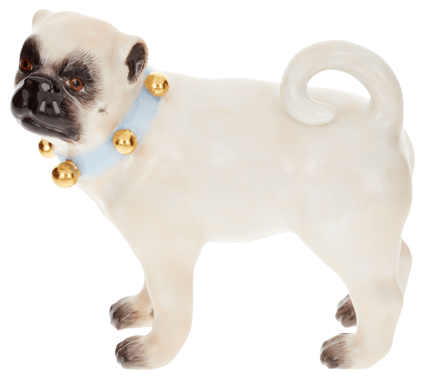 Hund Mops, mit Schellen, Bunt und gold staffiert - , H 7 cm | Meissen Porzellan 900300 - 78737 - Meissen Weimar