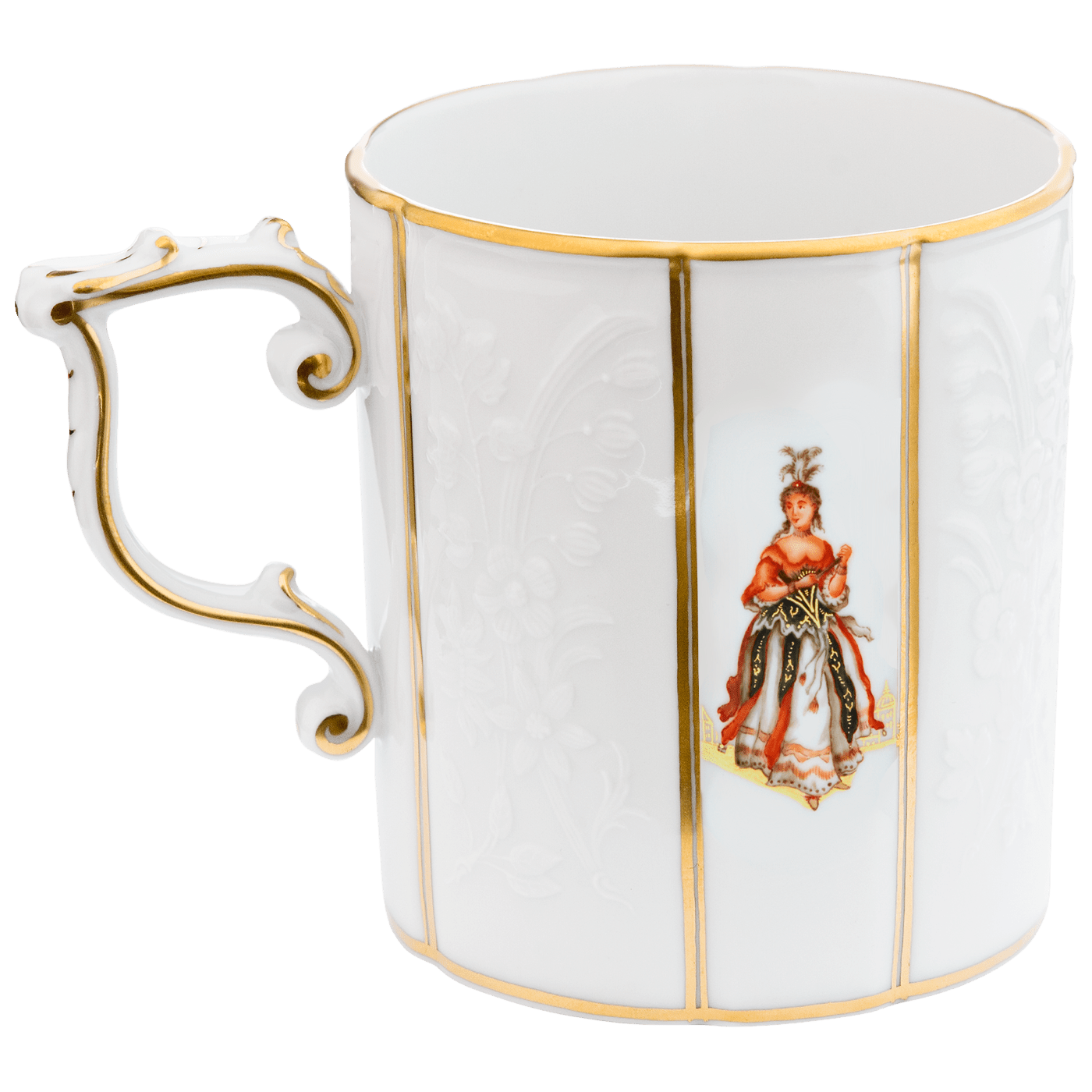 Kaffeebecher Farbarino und La Cantatrice, Weiß mit Goldrand, H 9 cm, limitiert | Meissen Limitierte Meisterwerke 29a374 - 55310 - Meissen Weimar