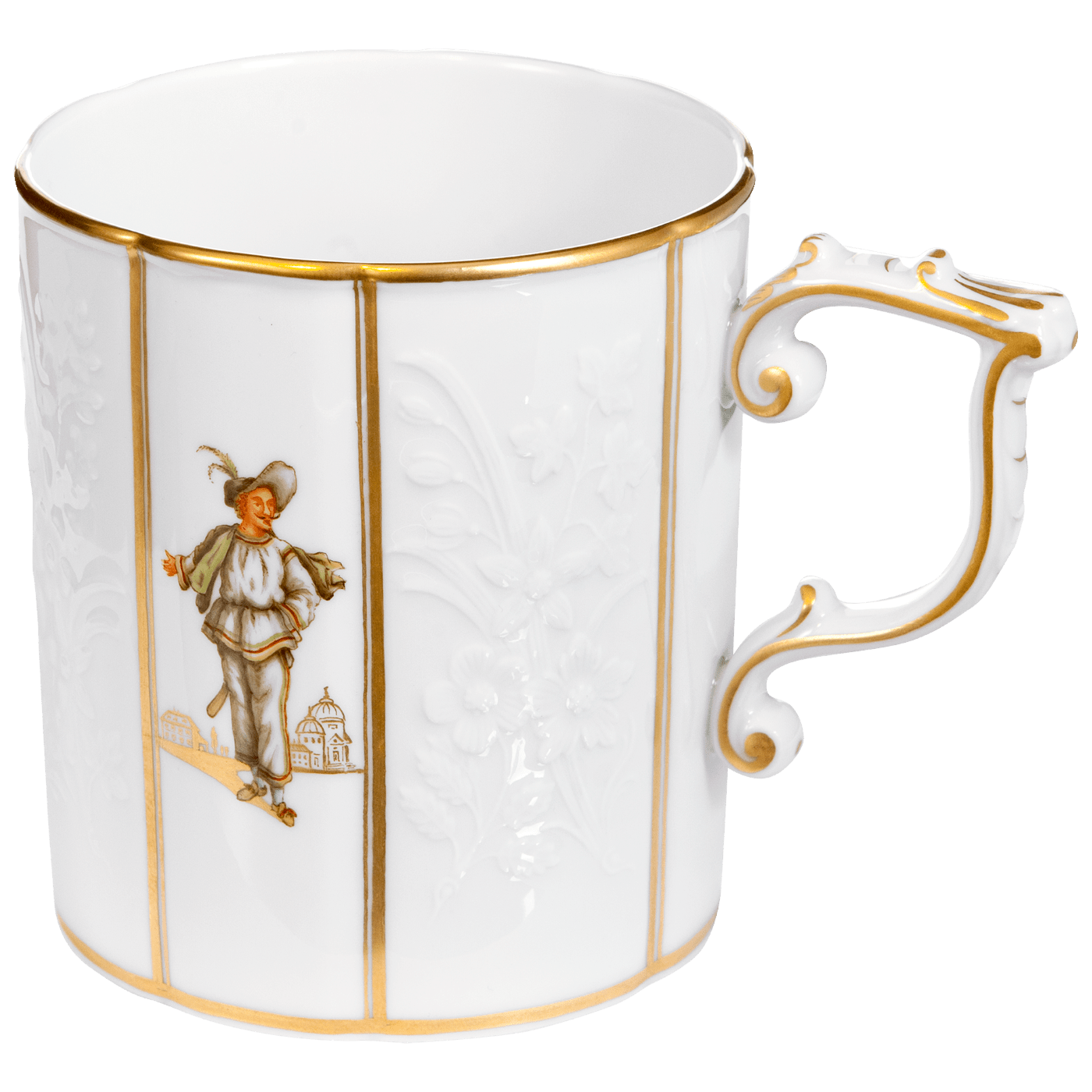 Kaffeebecher Farbarino und La Cantatrice, Weiß mit Goldrand, H 9 cm, limitiert | Meissen Limitierte Meisterwerke 29a374 - 55310 - Meissen Weimar