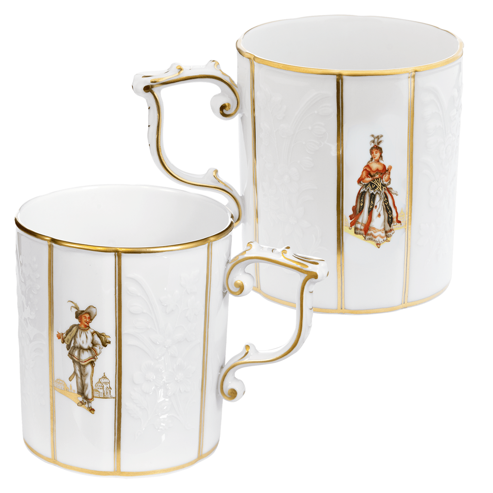 Kaffeebecher Farbarino und La Cantatrice, Weiß mit Goldrand, H 9 cm, limitiert | Meissen Limitierte Meisterwerke 29a374 - 55310 - Meissen Weimar