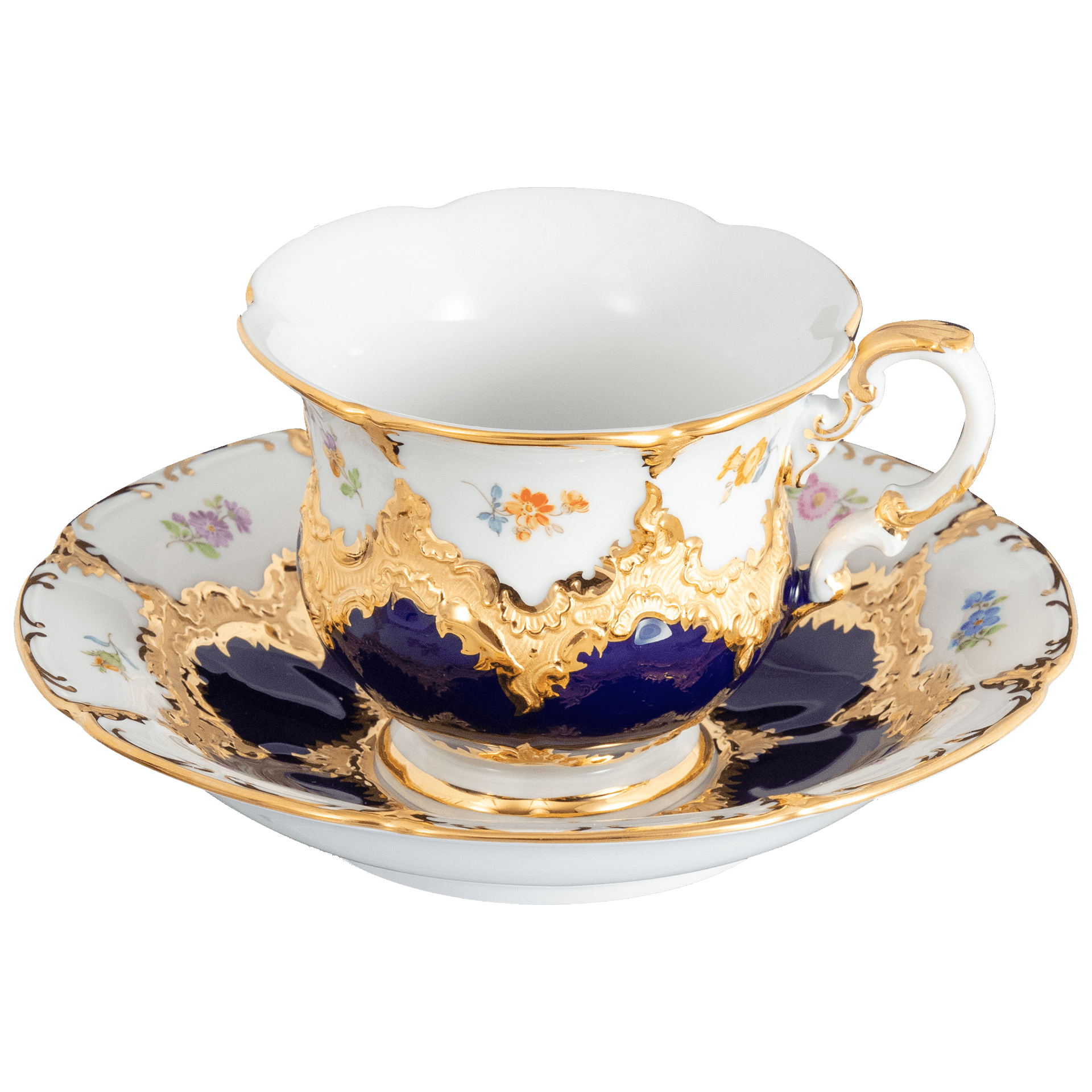 Kaffeetasse, gestreute Blümchen, königsblau glasiert, Goldbronze, V 0,16 l | Meissen B - Form 011079 - 15582 - Meissen Weimar