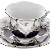 Kaffeetasse, Gestreute Röschen, weiß-grau, königsblau, Glanzplatin, V 0,16 l | Meissen B-Form
