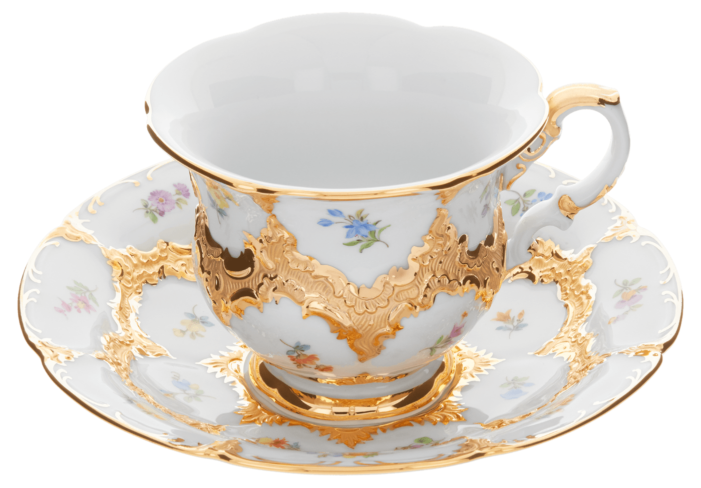 Kaffeetasse mit Untertasse Goldbronze gestreute Blümchen Ø 16 cm | Meissen B - Form 010179 - 15582 - Meissen Weimar