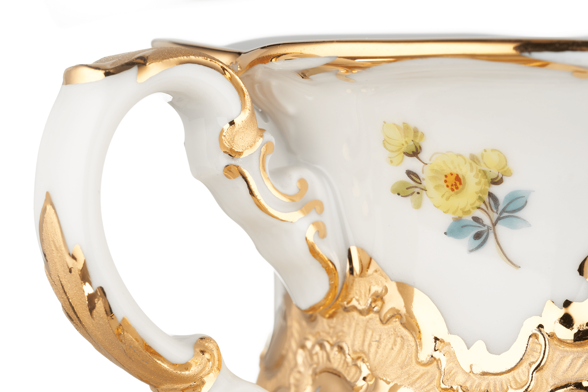 Kaffeetasse mit Untertasse Goldbronze gestreute Blümchen Ø 16 cm | Meissen B - Form 010179 - 15582 - Meissen Weimar