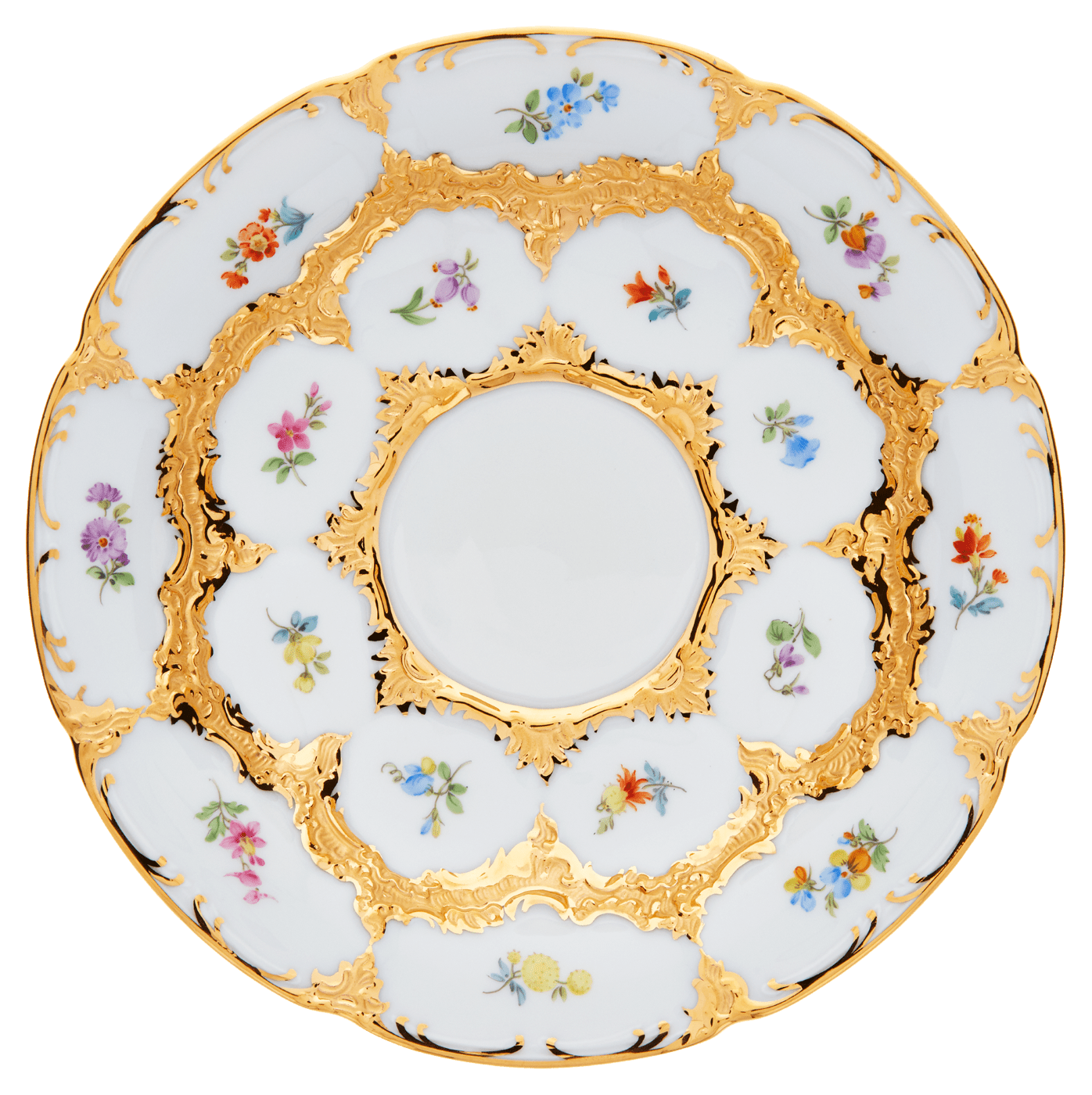 Kaffeetasse mit Untertasse Goldbronze gestreute Blümchen Ø 16 cm | Meissen B - Form 010179 - 15582 - Meissen Weimar
