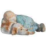 Kind auf Hund liegend, Bunt staffiert mit Blumenkante, L 11 cm | Meissen Miniatur-Hentschelkinder
