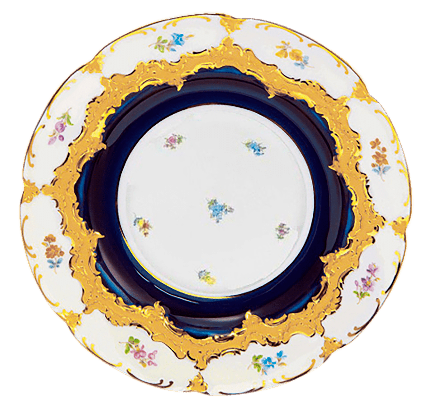 Kuchenschale, gestreute Blümchen, königsblau glasiert, Goldbronze, Ø 30 cm | Meissen B - Form 011079 - 15507 - Meissen Weimar