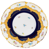 Kuchenschale, gestreute Blümchen, königsblau glasiert, Goldbronze, Ø 30 cm | Meissen B-Form