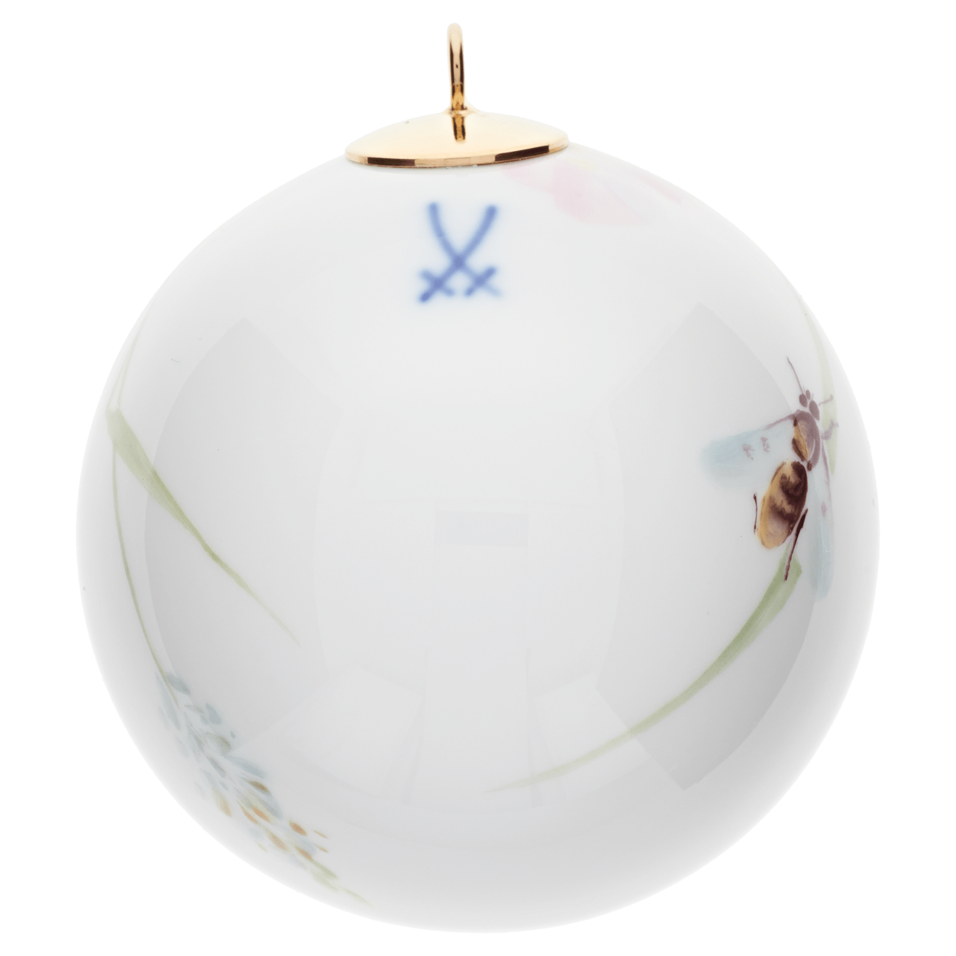 Kugel, bemalt mit Christrose, weißer Rand, Ø 5 cm | Meissen Baumschmuck Waldflora mit Insekten 61C023 - 55M09 - Meissen Weimar