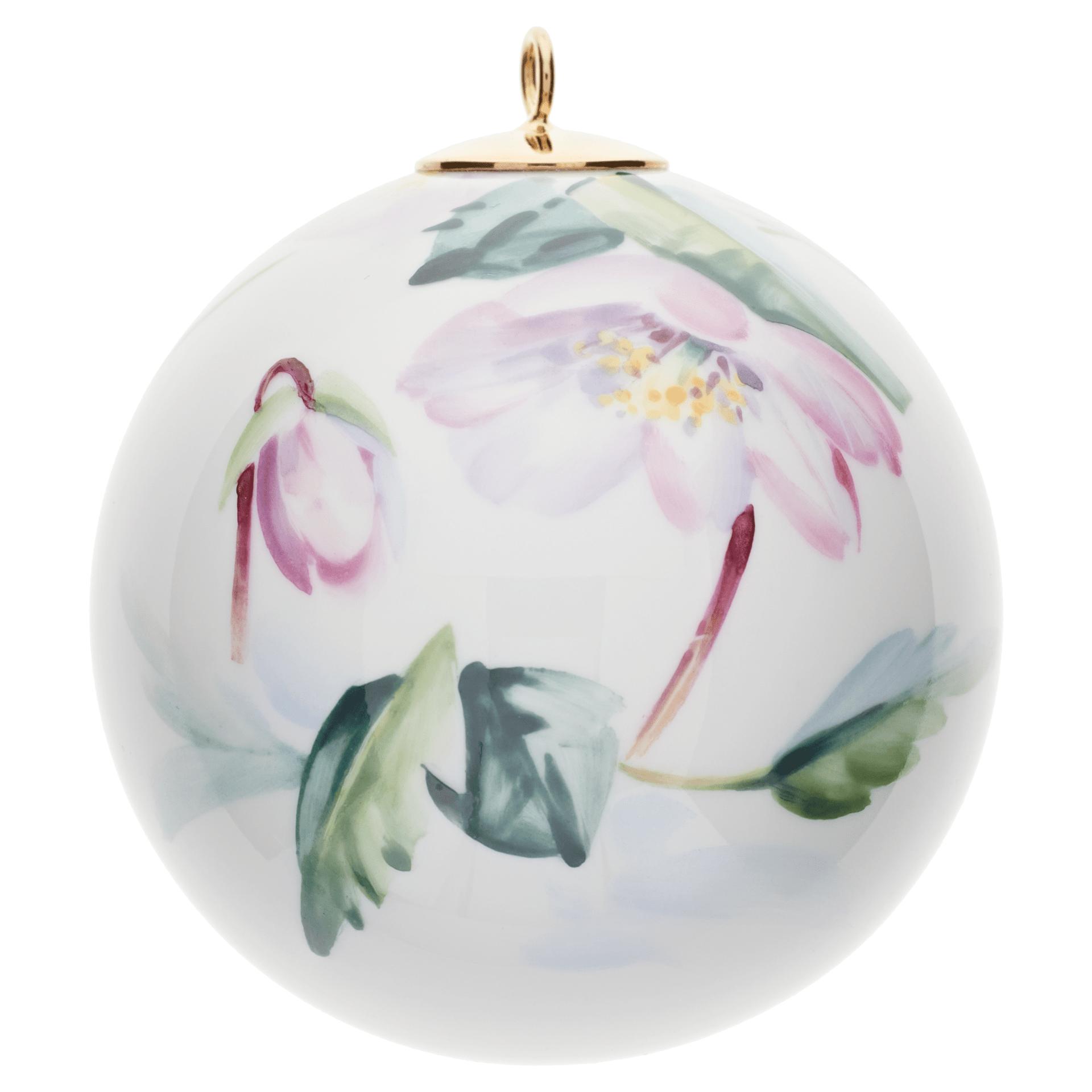 Kugel, bemalt mit Christrose, weißer Rand, Ø 5 cm | Meissen Baumschmuck Waldflora mit Insekten 61C023 - 55M09 - Meissen Weimar
